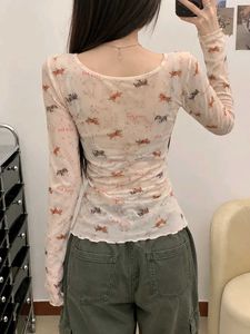 Cute Dog Print Long Sleeve Mesh Top