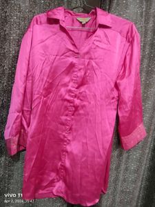 Vibrant Pink Satin Button-Up Tunic