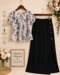 Elegant Floral  &amp; Black Skirt Set