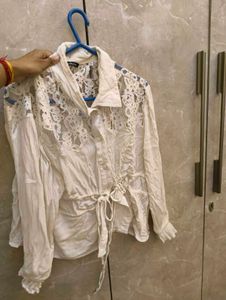 White Lace Detail Button-Down Top