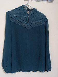 Elegant Teal Lace Neck Blouse