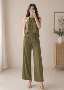 Light Olive Green Halter Neck Wide Leg Pants Set