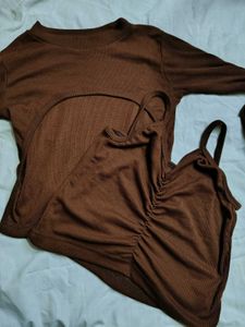 Ribbed Brown Two-Piece Top Set