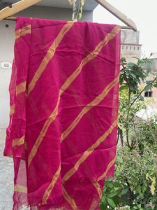 Vibrant Pink Saree with Golden Stripes