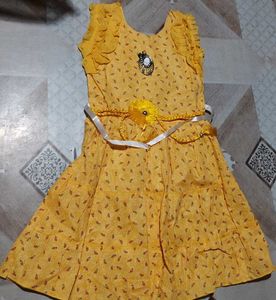 Cute Yellow Printed Cotton Faock Size-34