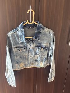 Cropped Denim Jacket with Distressed Details