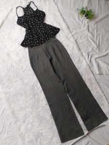 ♥️Chic Black Floral Top & Grey Trousers Set♥️