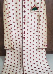 Men's Cream shervani with Red Floral Print