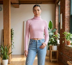 Pink Ribbed Turtleneck Crop Top