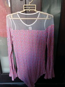 Colourful Print Bodysuit with Long Flared Sleeves