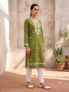 Elegant Olive Green Embroidered Kurti & Pant