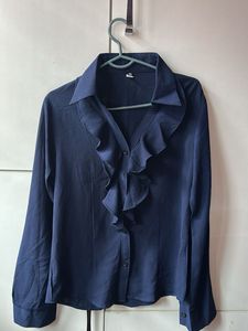 Elegant Navy Blue Ruffled Blouse