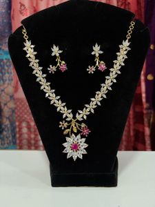 Stunning CZ Flower Necklace &amp; Earrings Set