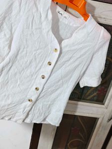 Korean Style White Textured Button Top