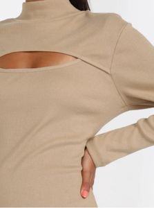 Beige Ribbed Mock Neck Keyhole one piece