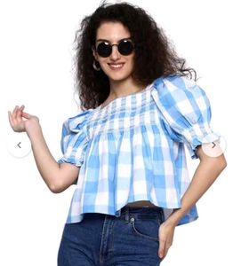 Cute Blue Checked Top with Smocked Details