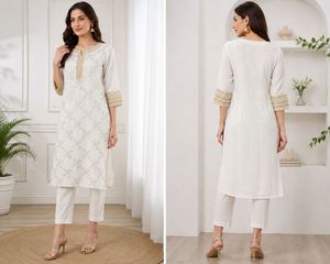 Elegant White &amp; Gold Straight Kurta