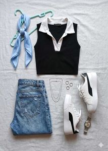 Sleek Black Collared Sleeveless Crop Top