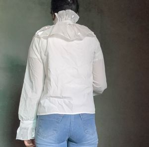 White Ruffled Neckline Long Sleeve Top