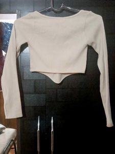 ZARA Ribbed V-Neck Full Sleeve Crop Top | Beige/Cr