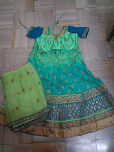 Teal &amp; Gold Embroidered Lehenga