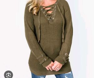 Olive Green Lace-Up Sweater