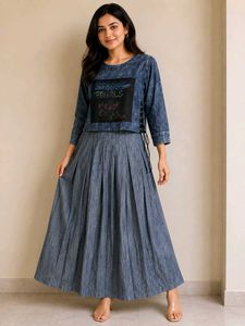 Denim Crop Top and Pleated Skirt Set