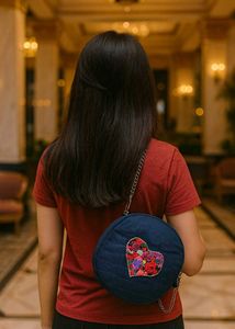 Handmade Upcycled Denim Round Sling Bag with Flora