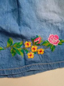 Denim Dress with Floral Embroidery