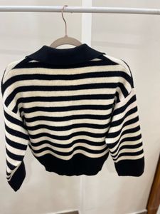 BLACK  and WHITE Striped Polo Collar knit SWEATER