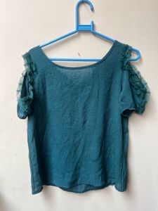 Teal Ruffle Cold Shoulder Cut Top