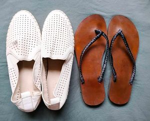 White Perforated Loafers & Brown Flip Flops