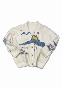 Vintage Cream Fuzzy Graphic Cardigan Sweater