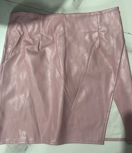 Pink Faux Leather Mini Skirt with Slit