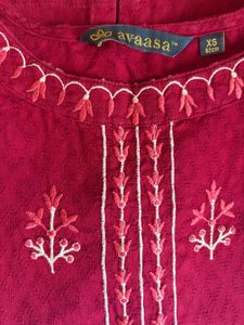 Elegant Ruby Red Embroidered Kurti|XS