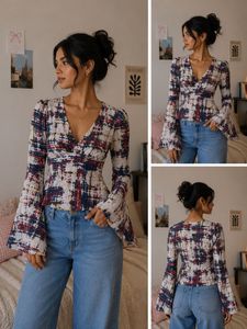 Abstract Bell Sleeve V-Neck Top