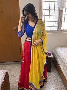 Red Lehenga with Blue Blouse