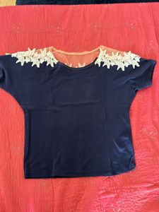Navy Tee with Lace Shoulders