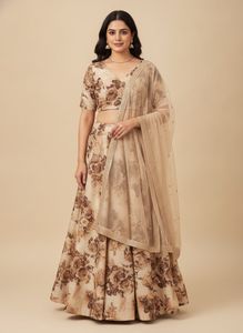 Floral Printed Lehenga & Blouse Set in Champagne B