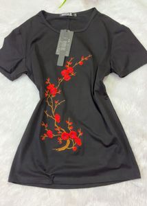 Black T-Shirt with Red Floral Embroidery