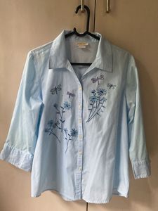 Light Blue Striped Dragonfly & Flower Blouse