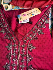 Maroon Embroidered Kurta Set with Pants &amp; Dupatta