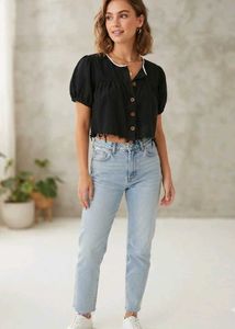 Black Cropped Button-Up Top