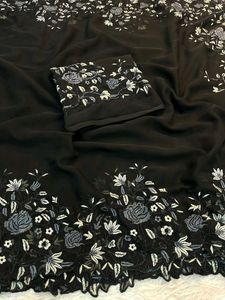 Elegant Black Floral Embroidered Saree