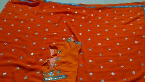 Orange Saree with Star Motifs and Blouse