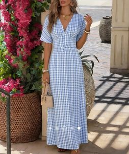 Blue Gingham Maxi Dress with Back Tie