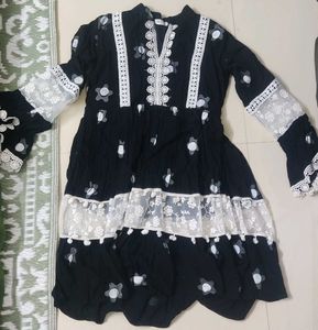 Black Kurta with White Lace Detail