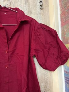 Maroon Puff Sleeve Shirt Dress