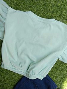 Cute Mint Ruffle Sleeve Top &amp; Denim Shorts Set