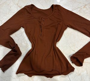 Brown Ribbed Henley Top